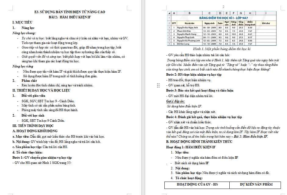 Giáo án Tin học 9 Bài 2 Hàm điều kiện IF