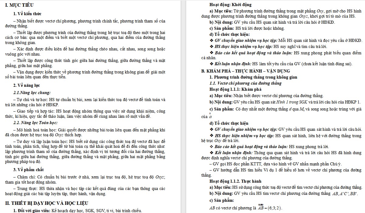 Kế hoạch bài dạy Toán 12 CTST Phương trình đường thẳng trong không gian