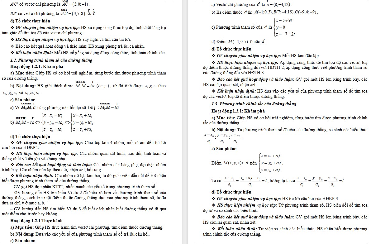 Kế hoạch bài dạy Toán 12 CTST Phương trình đường thẳng trong không gian
