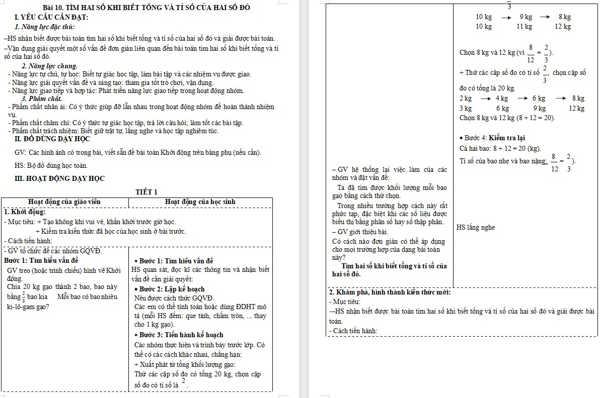 Giáo án Toán 5 CTST bài Tìm hai số khi biết tổng và tỉ số của hai số đó