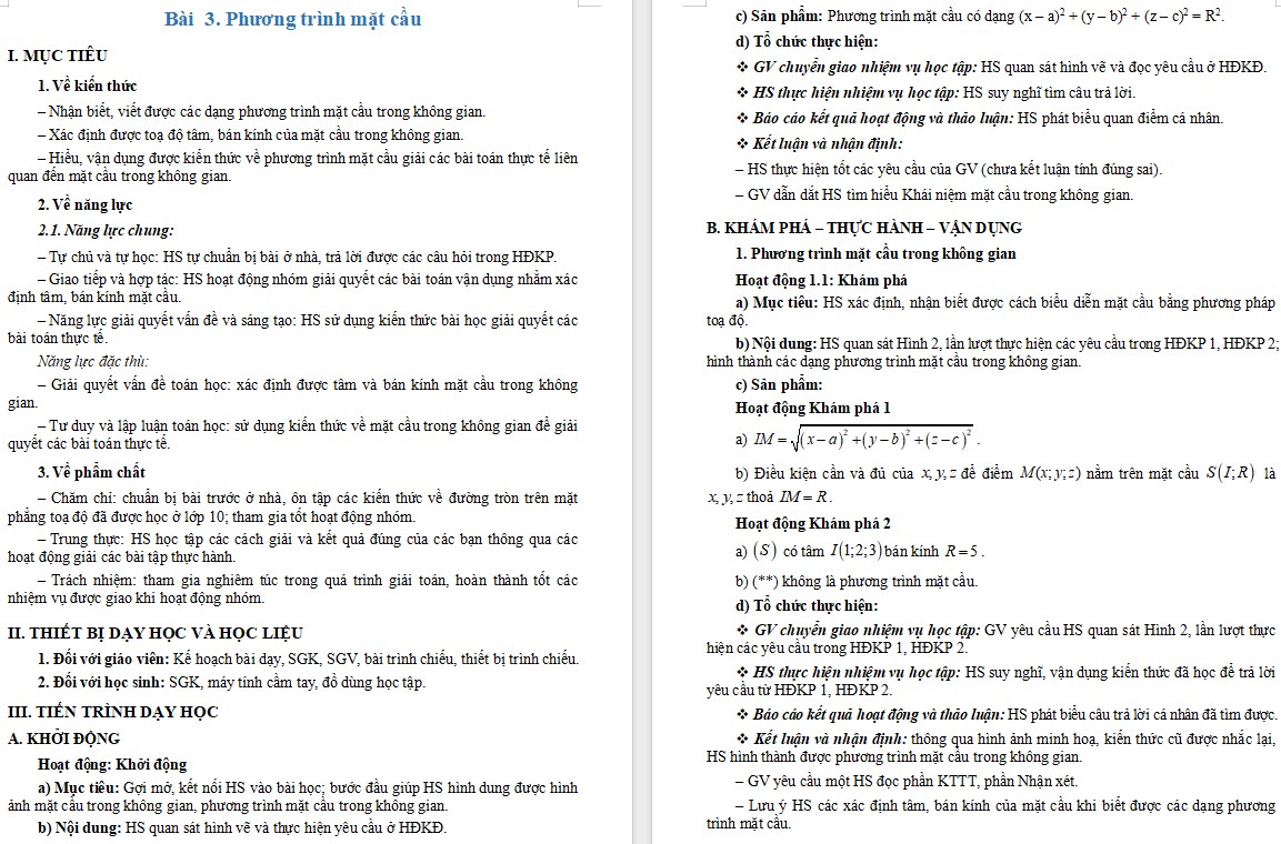 Kế hoạch bài dạy Toán 12 CTST Bài Phương trình mặt cầu