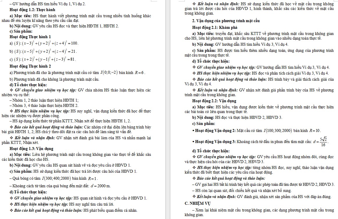 Kế hoạch bài dạy Toán 12 CTST Bài Phương trình mặt cầu