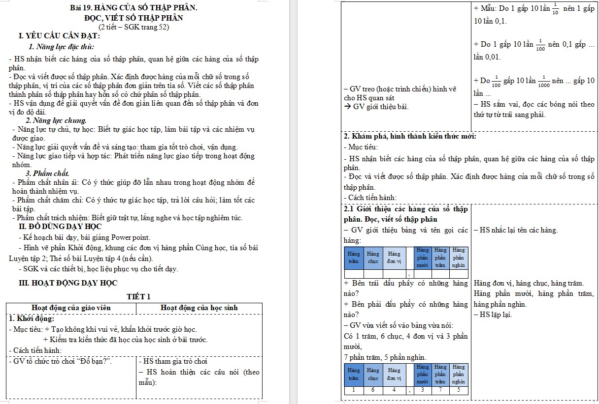 Giáo án Toán 5 CTST Bài Hàng của số thập phân. Đọc, viết số thập phân
