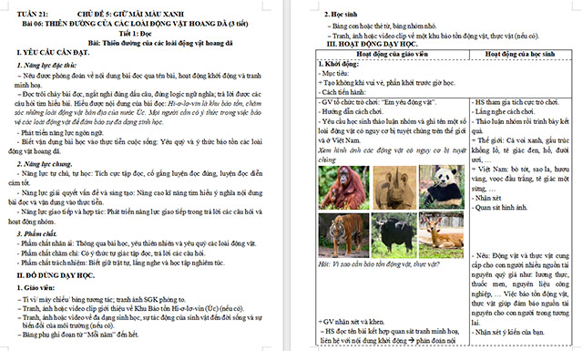 Giáo án Tiếng Việt 5 hiên đường của các loài động vật hoang dã