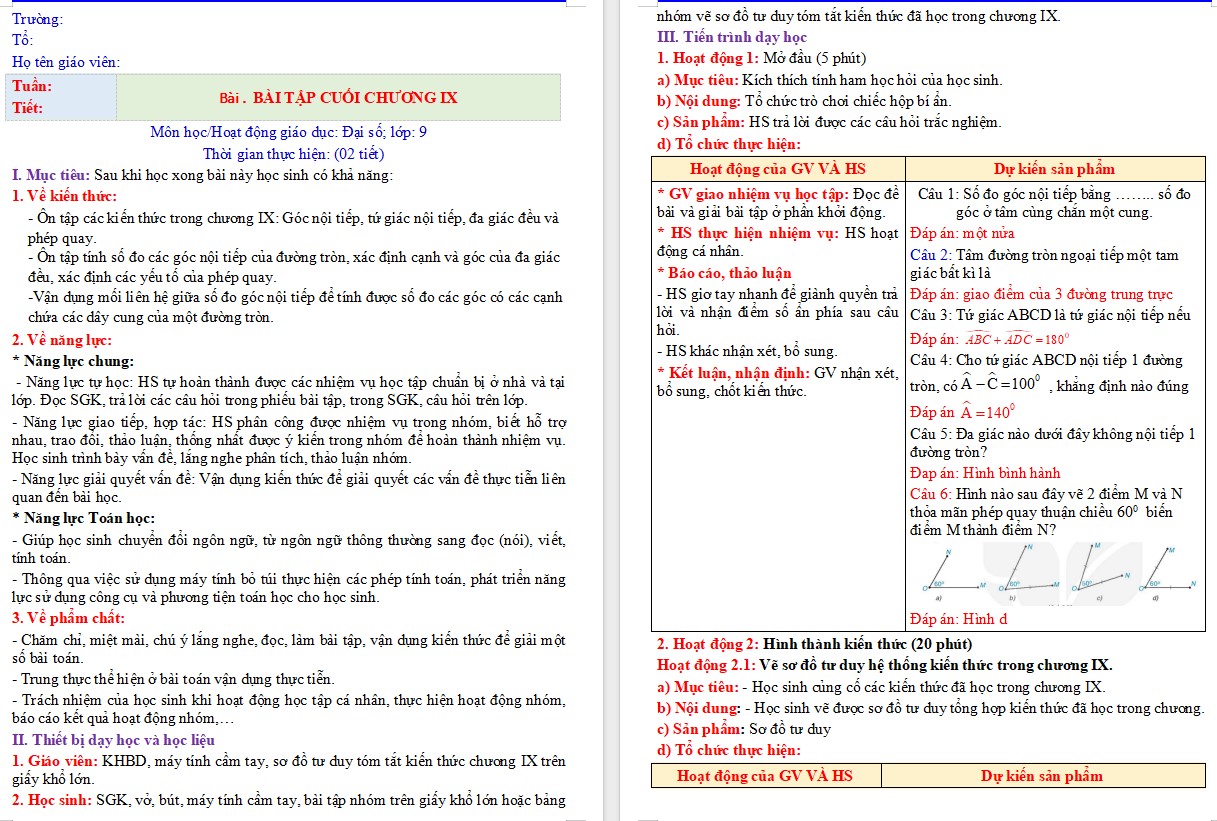 Giáo án Toán 9 Bài tập cuối Chương 9 file word
