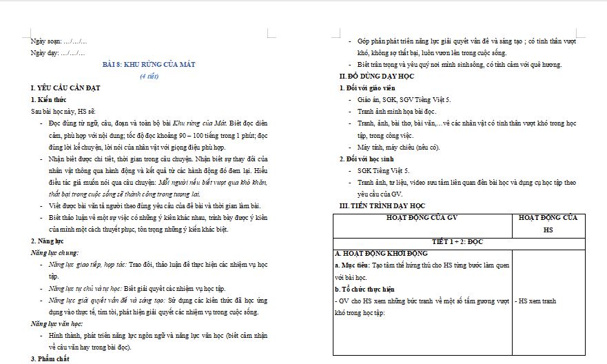 Giáo án Tiếng Việt 5 Bài 8 Khu rừng của Mát