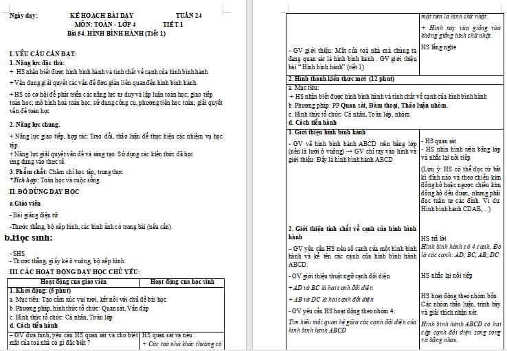 Giáo án Toán 4 Hình bình hành