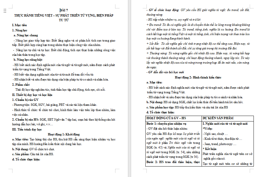 Giáo án Ngữ văn 9 Bài 7: Thực hành tiếng Việt trang 54