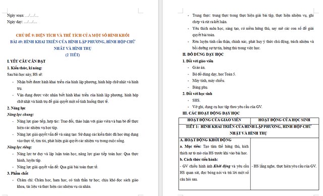 Giáo án Toán 5 Hình khai triển của hình lập phương, hình hộp chữ nhật và hình trụ