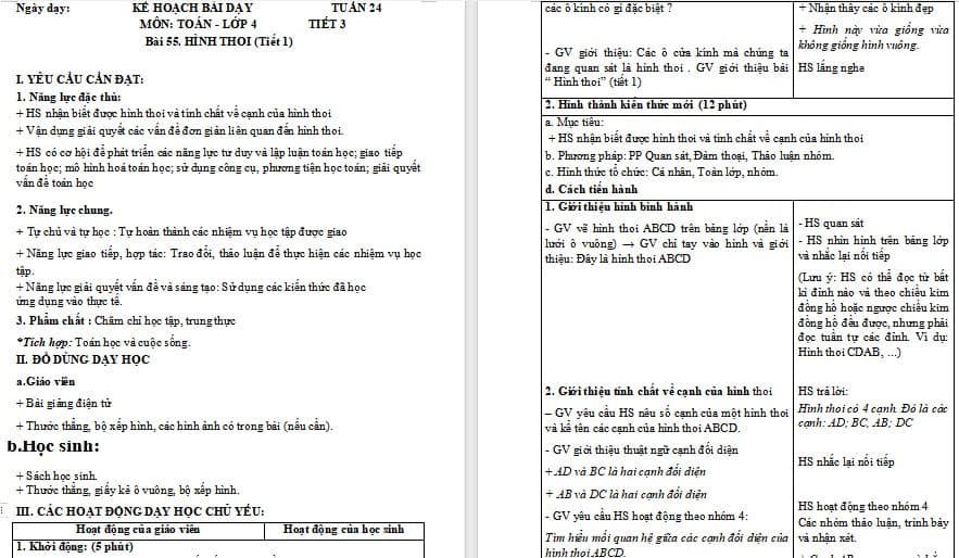 Giáo án Toán 4 Hình thoi