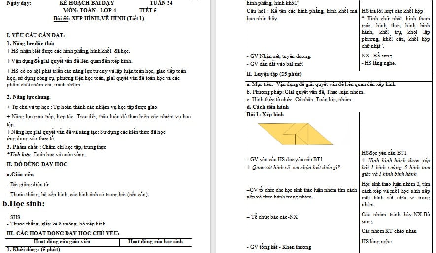 Giáo án Toán 4 Bài 56: Xếp hình, vẽ hình