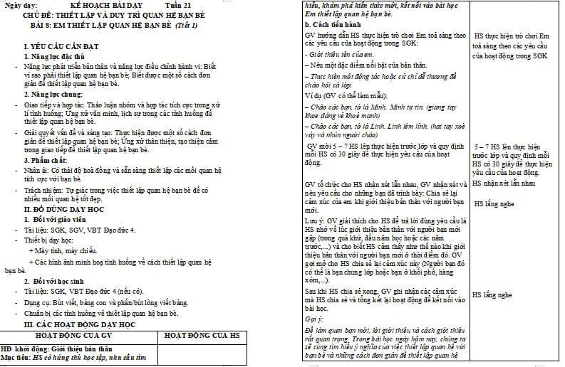 Giáo án Đạo Đức 4 Em thiết lập quan hệ bạn bè