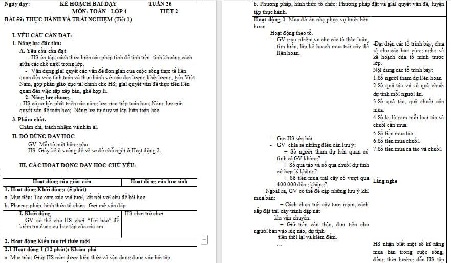 Giáo án Toán 4: Thực hành và trải nghiệm