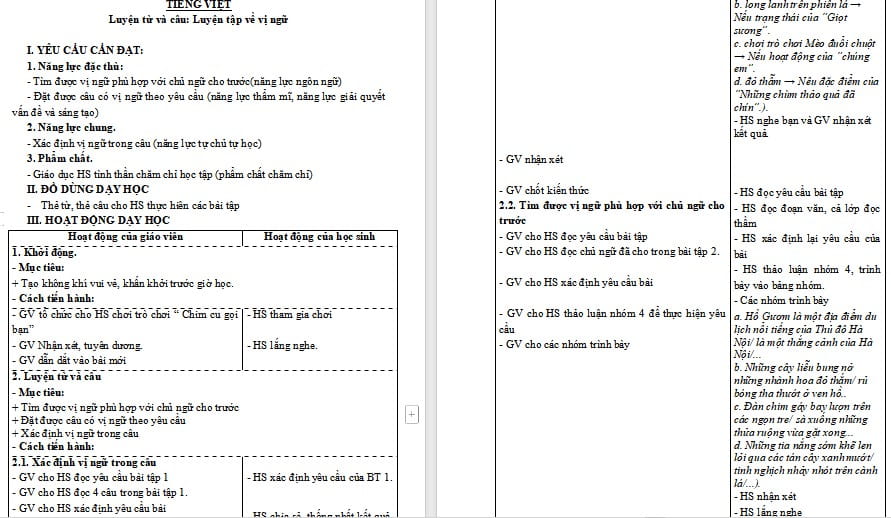 Giáo án Tiếng Việt 4: Luyện tập về vị ngữ