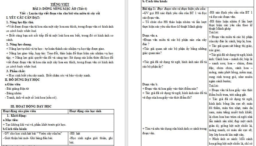Giáo án Tiếng Việt 4: Luyện tập viết đoạn văn cho bài văn miêu tả cây cối