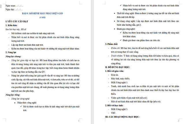 Giáo án Công nghệ 5 Mô hình điện mặt trời