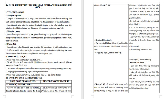 Giáo án Toán 5 Hình khai triển của hình hộp chữ nhật, hình lập phương, hình trụ
