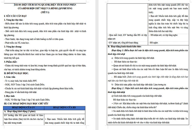 Giáo án Toán 5 Diện tích xung quanh, diện tích toàn phần của hình hộp chữ nhật và hình lập phương