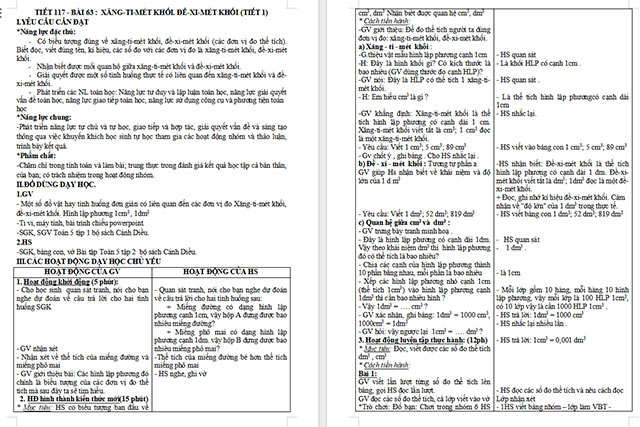Giáo án Toán 5 Xăng-ti-mét khối, Đề-xi-mét khối