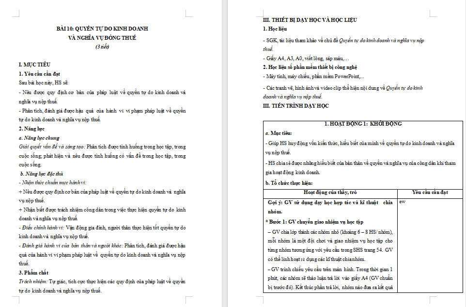 Giáo án Quyền tự do kinh doanh và nghĩa vụ nộp thuế