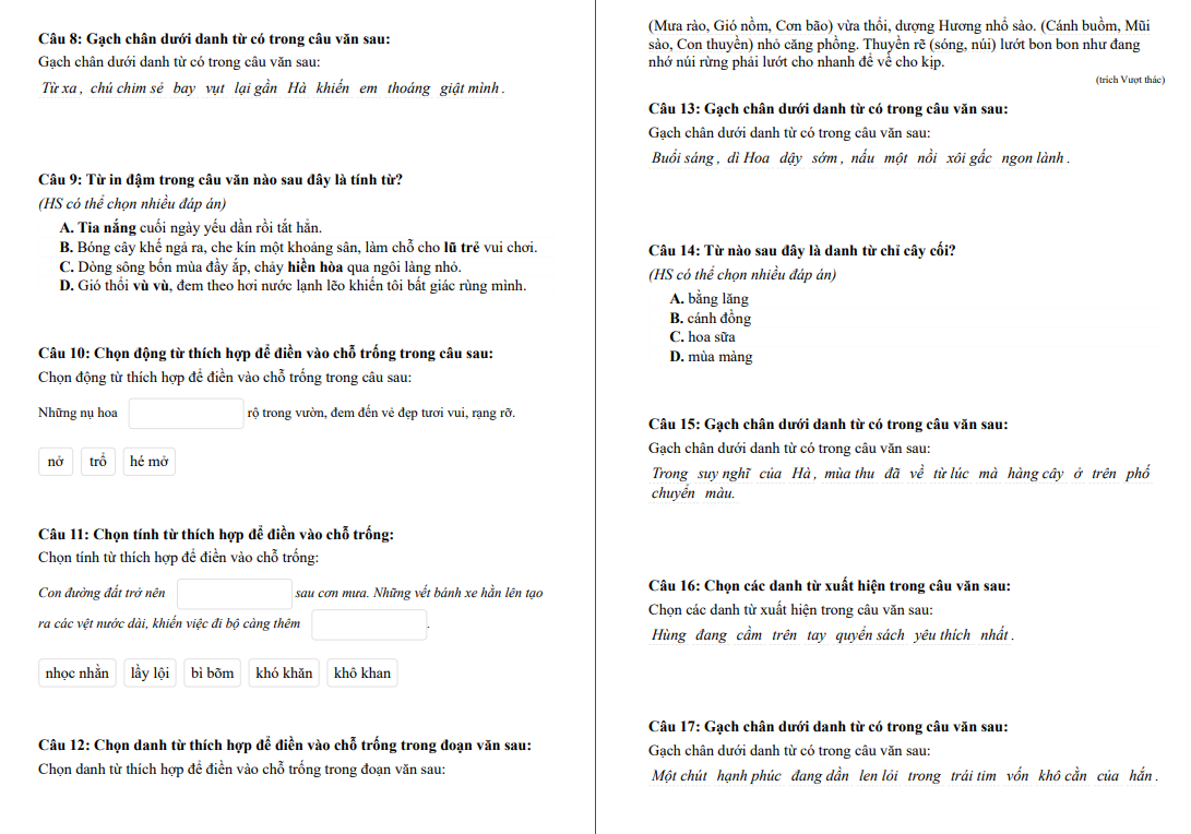 Chuyên đề Danh từ, Động từ, Tính từ