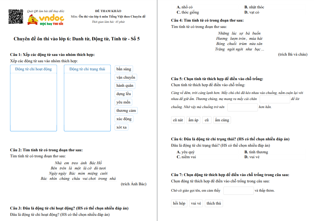 Chuyên đề Danh từ, Động từ, Tính từ
