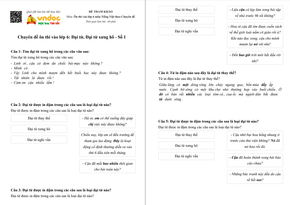 Chuyên đề Đại từ, Đại từ xưng hô