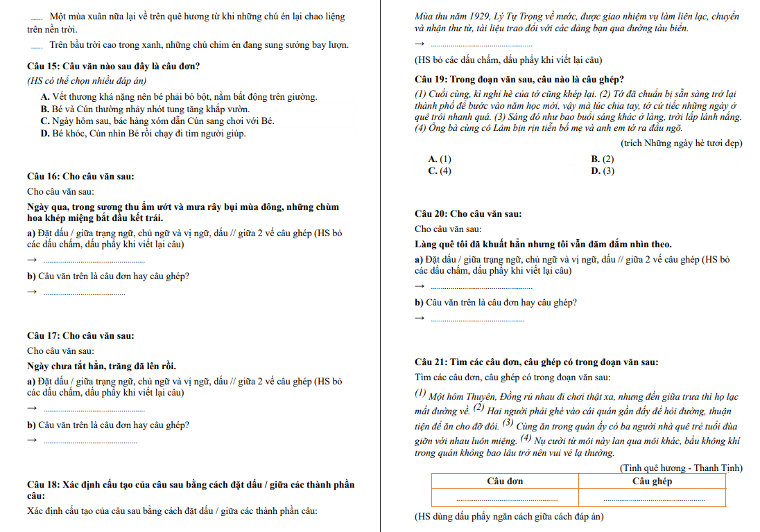 Chuyên đề Câu đơn, câu ghép. Cách nối các vế câu ghép