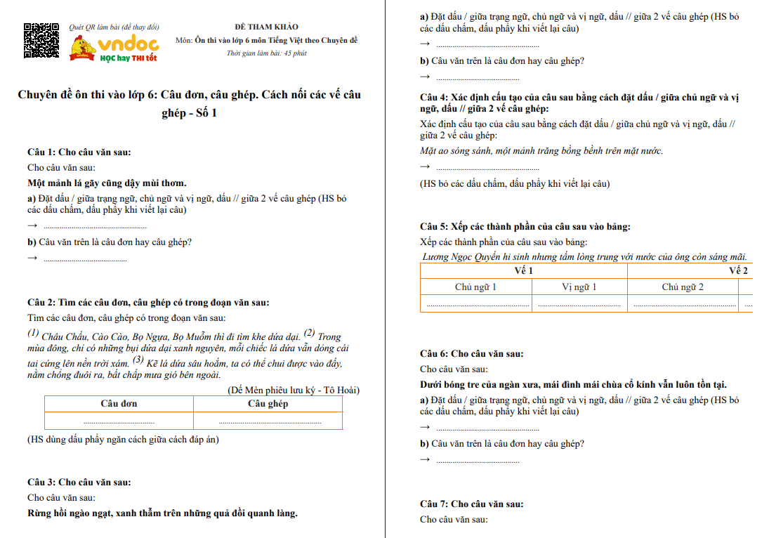 Chuyên đề Câu đơn, câu ghép. Cách nối các vế câu ghép