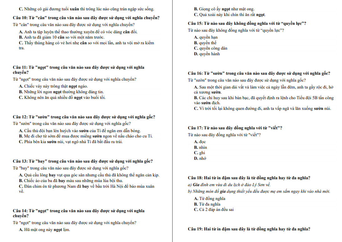 Chuyên đề Từ đồng nghĩa và Từ đa nghĩa