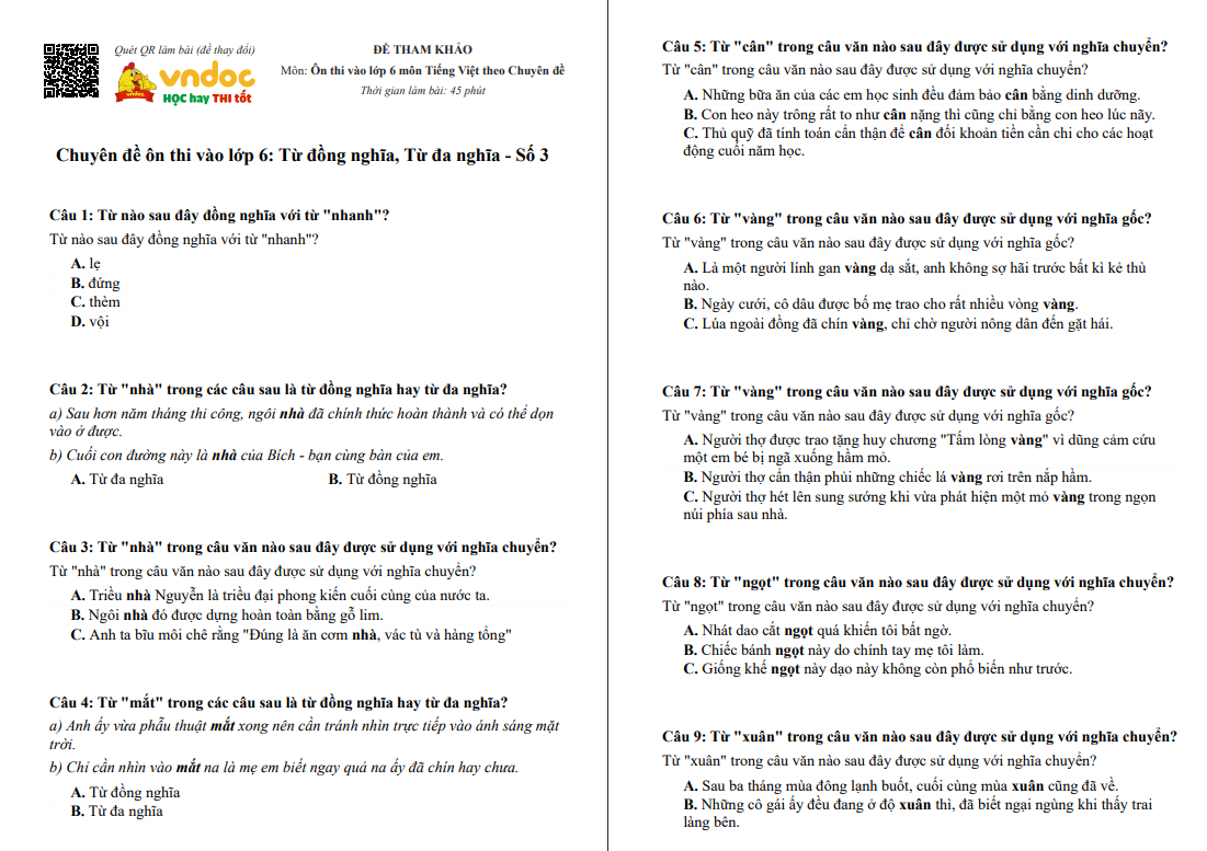 Chuyên đề Từ đồng nghĩa và Từ đa nghĩa