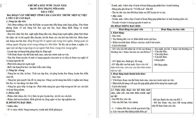 Giáo án Tiếng Việt 5 Đoạn văn thể hiện tình cảm, cảm xúc trước một sự việc