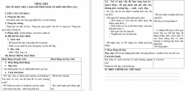 Giáo án Tiếng Việt 4: Nói về một việc làm góp phần bảo vệ môi trường