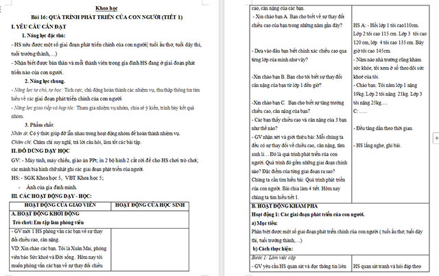 Giáo án Khoa học 5 Quá trình phát triển của con