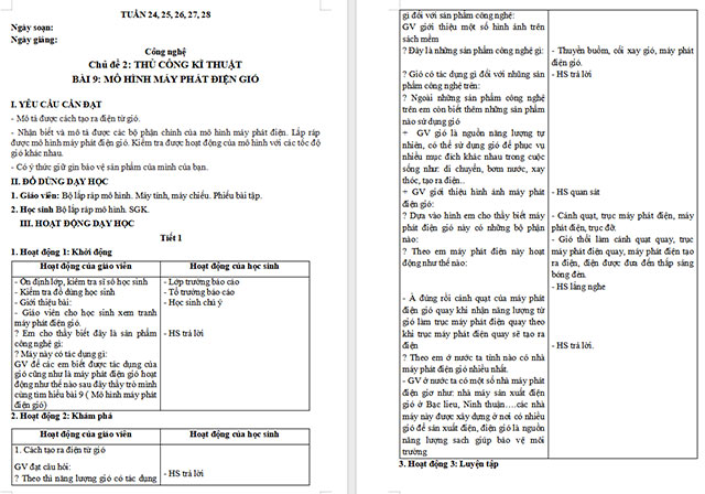 Giáo án Công nghệ 5 Mô hình máy phát điện gió