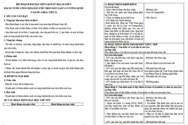 Giáo án Lịch sử - Địa lí 5 Nước Cộng hoà Dân chủ Nhân dân Lào và Vương quốc Cam-pu-chia