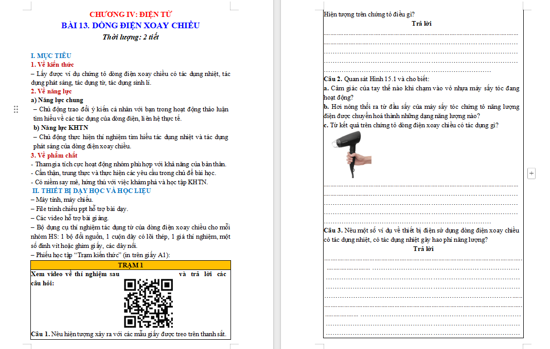  Khoa học tự nhiên 9 Bài 13: Dòng điện xoay chiều