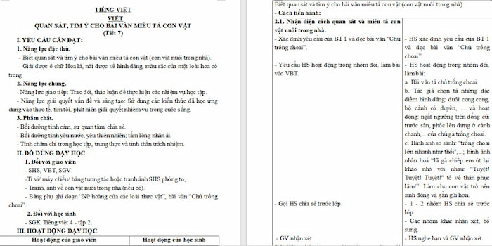 Giáo án Tiếng Việt 4: Quan sát, tìm ý cho bài văn miêu tả con vật