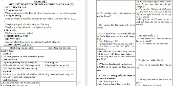Giáo án Tiếng Việt 4: Viết đoạn văn cho bài văn miêu tả con vật