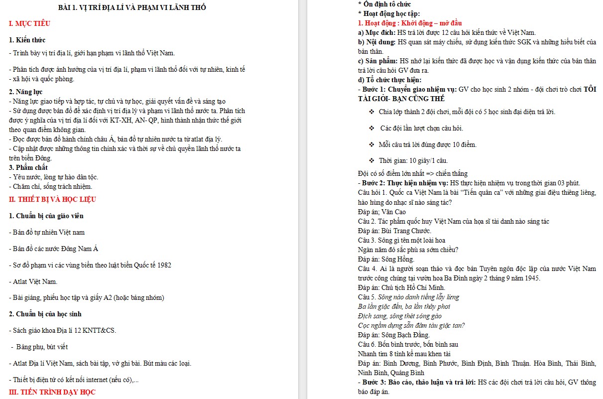 Kế hoạch bài dạy Địa lí 12 KNTT Bài 1
