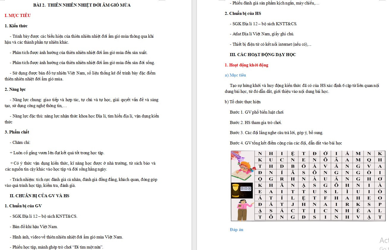 Kế hoạch bài dạy Địa lí 12 KNTT Bài 2 Thiên nhiên nhiệt đới ẩm gió mùa