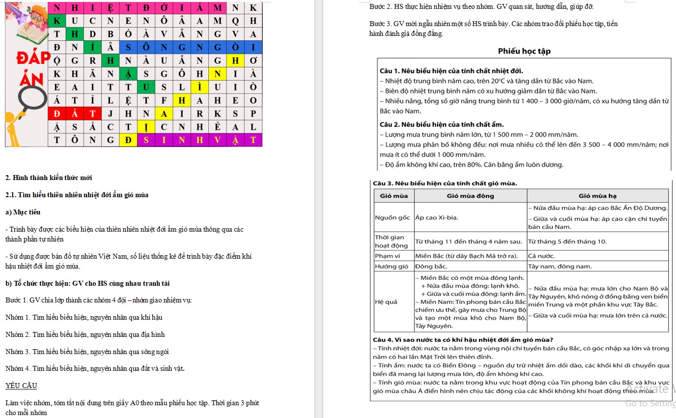 Kế hoạch bài dạy Địa lí 12 KNTT Bài 2 Thiên nhiên nhiệt đới ẩm gió mùa