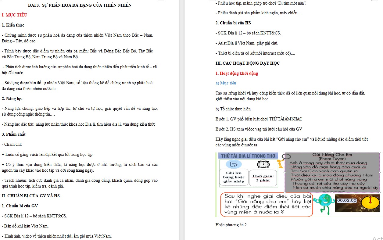 Kế hoạch bài dạy Địa lí 12 KNTT Bài 3 Sự phân hoá đa dạng của thiên nhiên