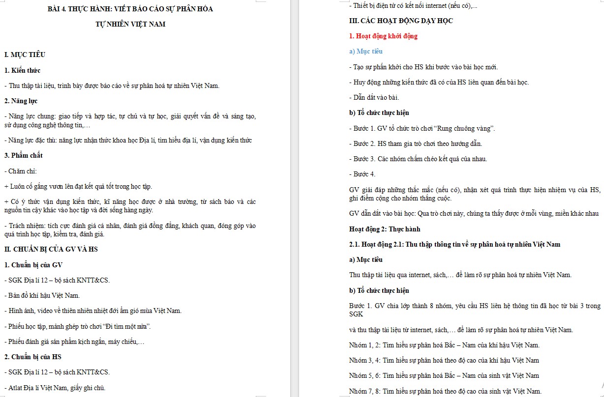 Giáo án Địa lí 12 KNTT Bài 4 Viết báo cáo về sự phân hóa tự nhiên Việt Nam