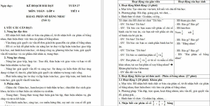 Giáo án Toán 4: Phân số bằng nhau