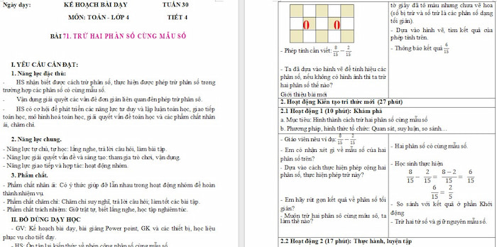 Giáo án Toán 4: Trừ hai phân số cùng mẫu số