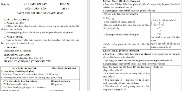 Giáo án Toán 4: Trừ hai phân số khác mẫu