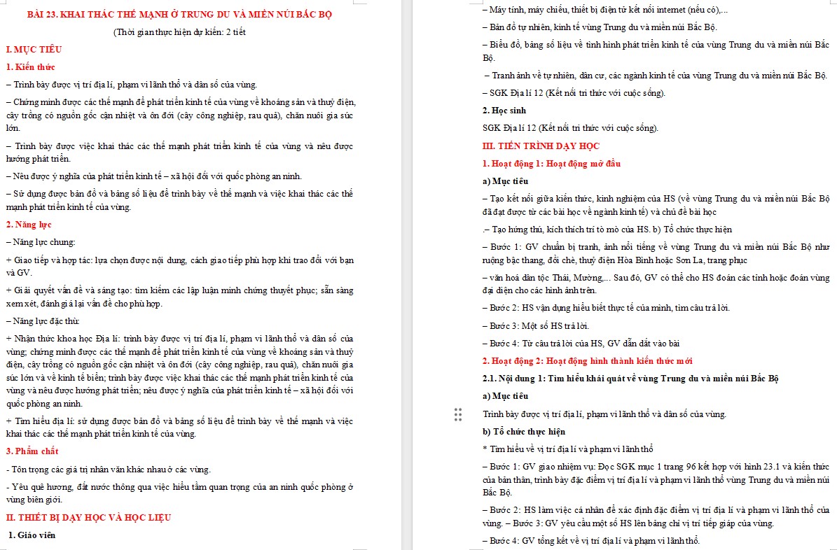 Giáo án Địa lí 12 KNTT Bài Khai thác thế mạnh ở Trung du và miền núi Bắc Bộ
