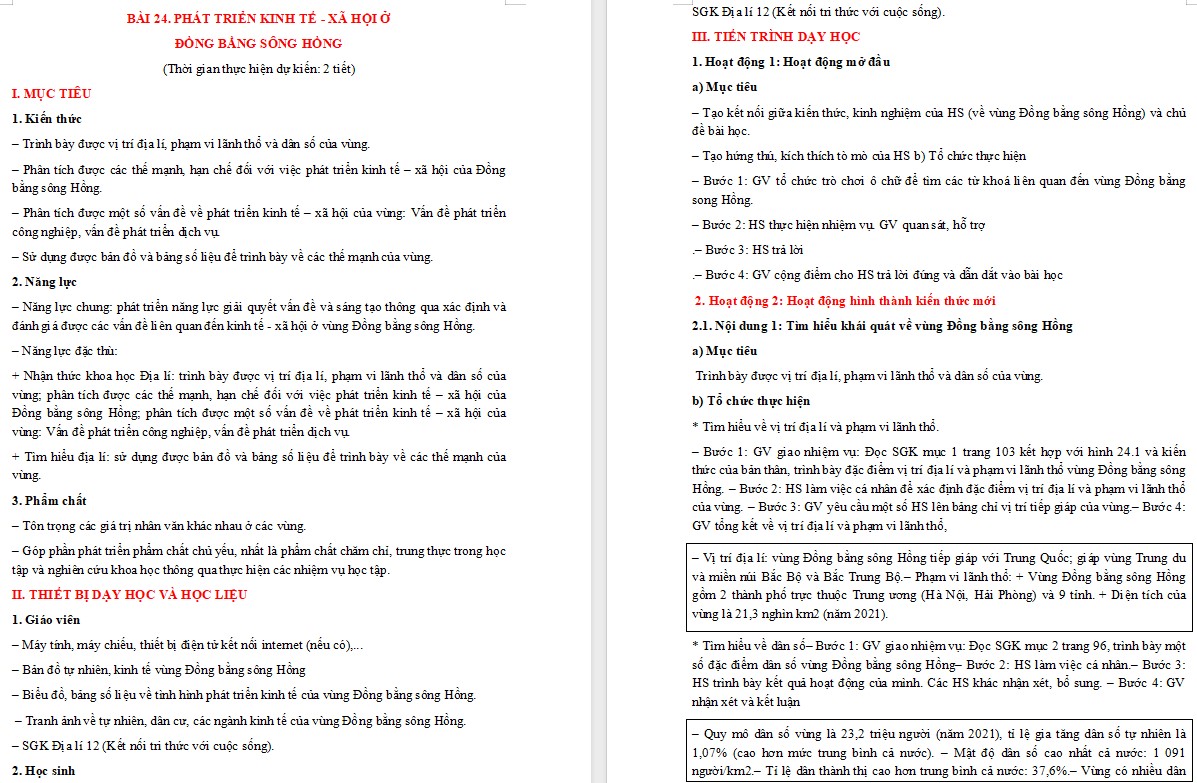 Giáo án Địa lí 12 KNTT Bài Phát triển kinh tế - xã hội ở Đồng bằng sông Hồng