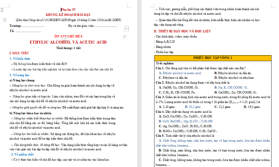 Giáo án KHTN 9 Bài tập Chủ đề 8